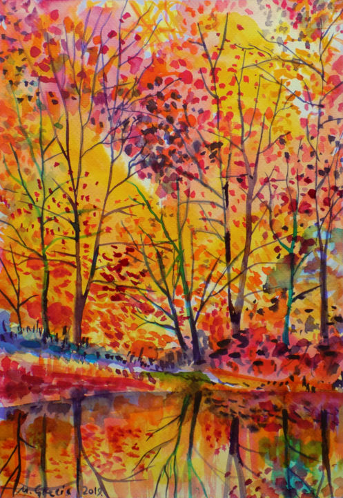Картина под названием "Autumn forest refle…" - Maja Grecic, Подлинное произведение искусства, Акварель