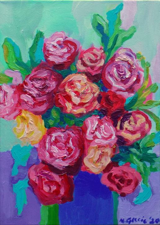 Painting titled "Roses in a blue vase" by Maja Grecic, Original Artwork, Acrylic