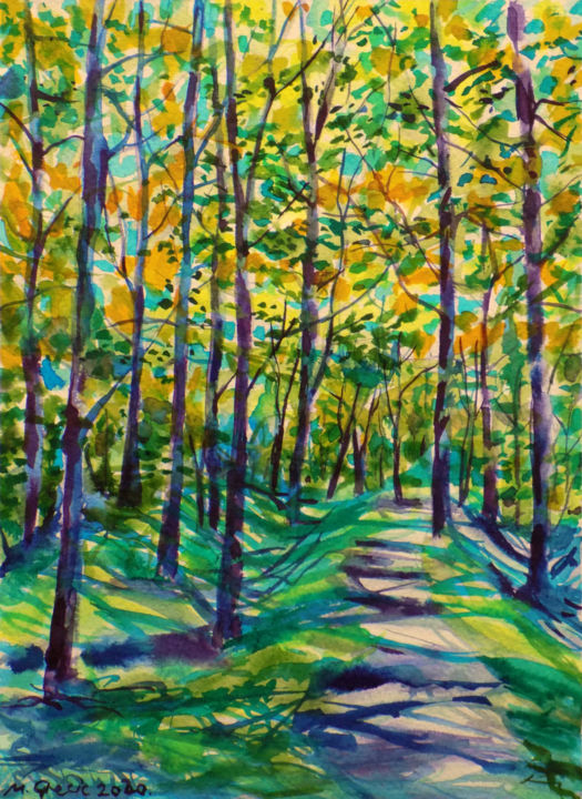 Painting titled "Spring forest path" by Maja Grecic, Original Artwork, Watercolor