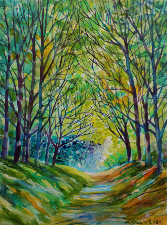 Malerei mit dem Titel "Forest path XVI" von Maja Grecic, Original-Kunstwerk, Aquarell