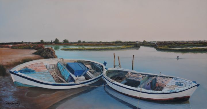 Painting titled "Barcas en salina Ca…" by Maymonis, Original Artwork, Oil