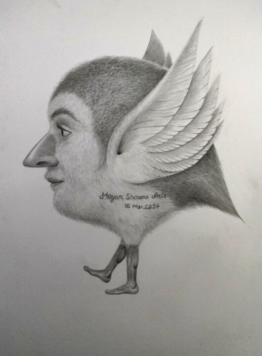 Drawing titled "Humo - bird" by Mayur Sharma Art, Original Artwork, Graphite