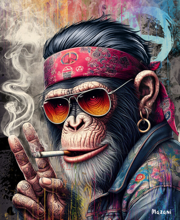 Digital Arts titled "Hippie Monkey" by Mazani, Original Artwork, Digital Painting