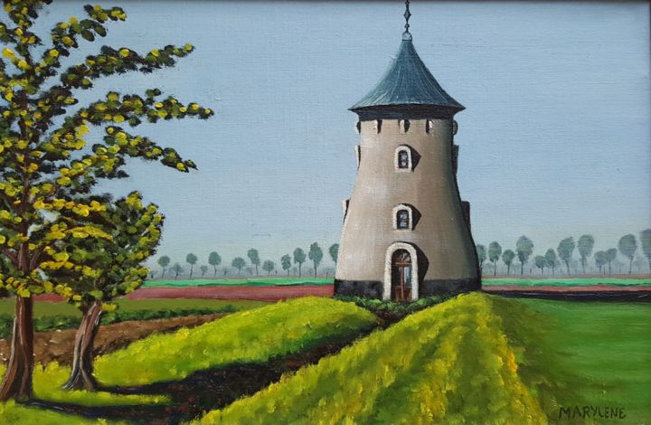 Painting titled "Moulin Saint Gérard" by Marie Baudry (Marylene), Original Artwork, Oil Mounted on Wood Stretcher frame