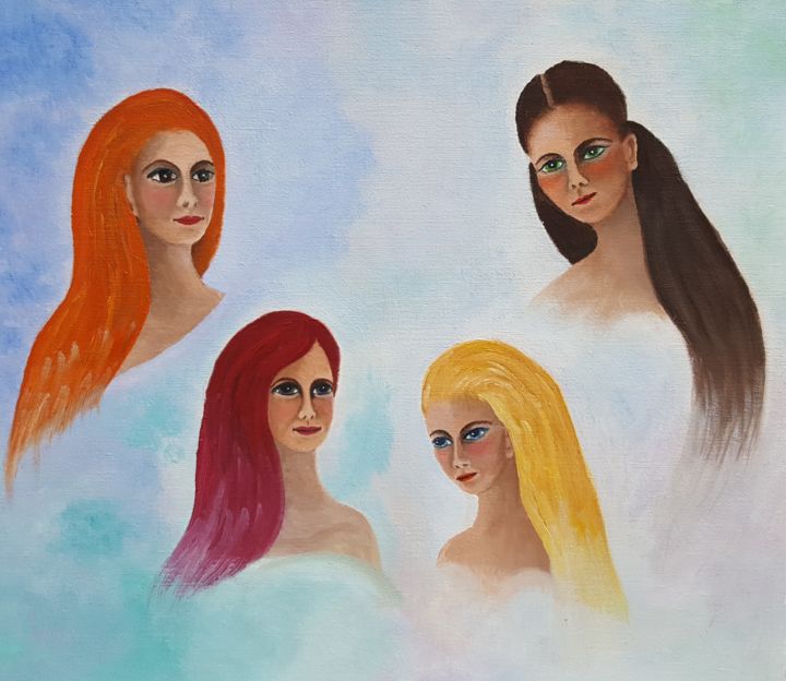 Painting titled "4 Femmes" by Marie Baudry (Marylene), Original Artwork, Oil Mounted on Wood Stretcher frame