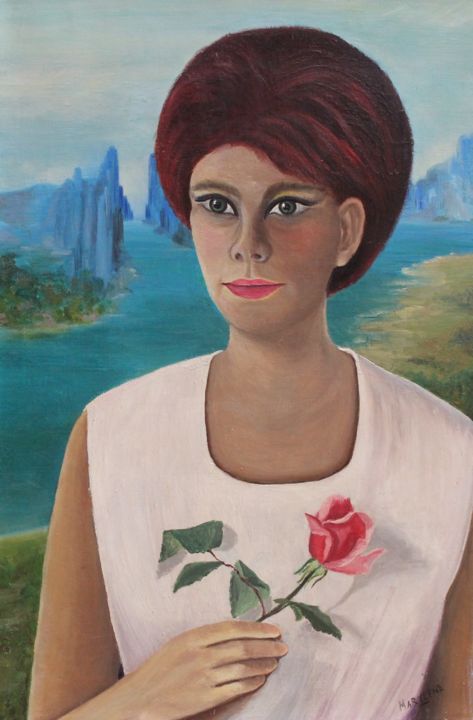 Painting titled "Femme à la Rose" by Marie Baudry (Marylene), Original Artwork, Oil