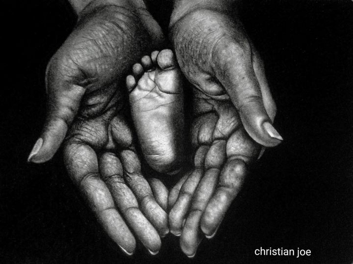 Drawing titled "In His Palms" by Christian Mba, Original Artwork, Charcoal