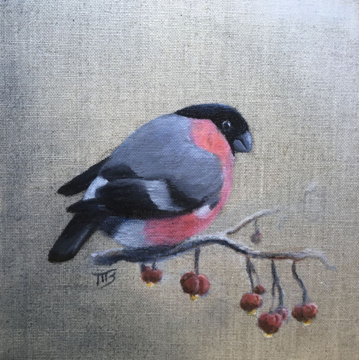 Peinture intitulée "Bouvreuil Pivoine" par Magali Gauthier (M B), Œuvre d'art originale, Huile