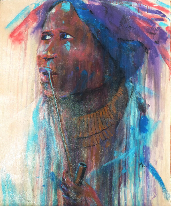 Painting titled "Woman Smoking Pipe" by Mbongeni, Original Artwork, Acrylic