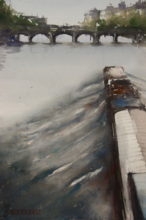 Peinture intitulée "Péniche on the way" par Mc Armand, Œuvre d'art originale, Aquarelle