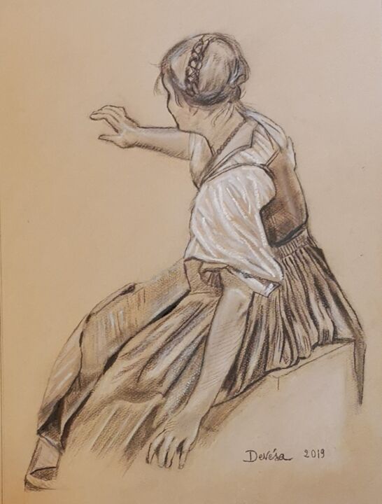 Tekening getiteld "Jeune fille en cost…" door Mc Devésa, Origineel Kunstwerk, Pastel