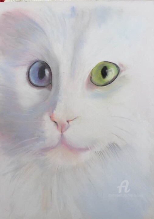 Peinture intitulée "Chat blanc aux yeux…" par Mc Toulouse, Œuvre d'art originale, Pastel