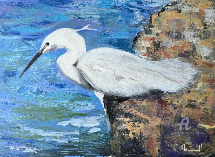 Peinture intitulée "Aigrette garzette" par Mc Toulouse, Œuvre d'art originale, Acrylique