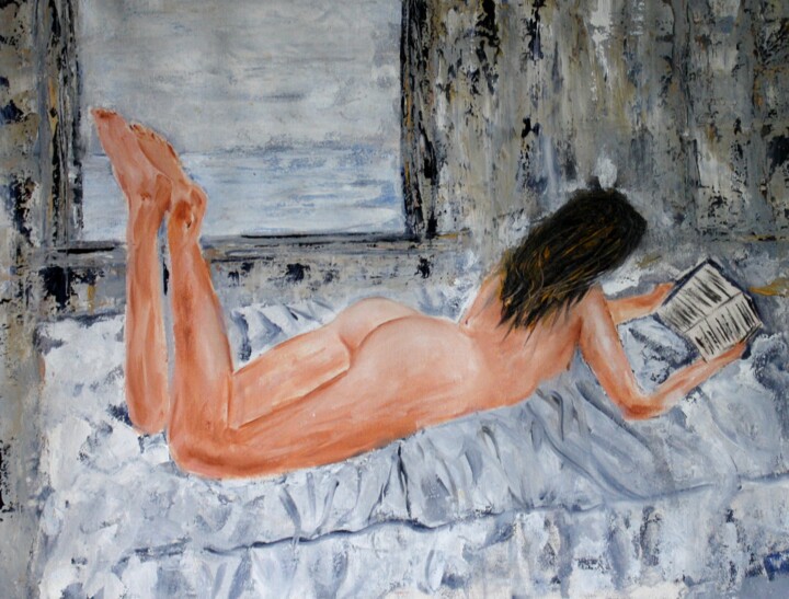 Painting titled "Femme nu et son liv…" by Michel Capra, Original Artwork, Oil