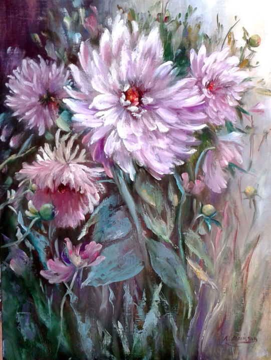 Painting titled "Les dahlias du mois…" by Chrispaint-Flowers, Original Artwork, Oil