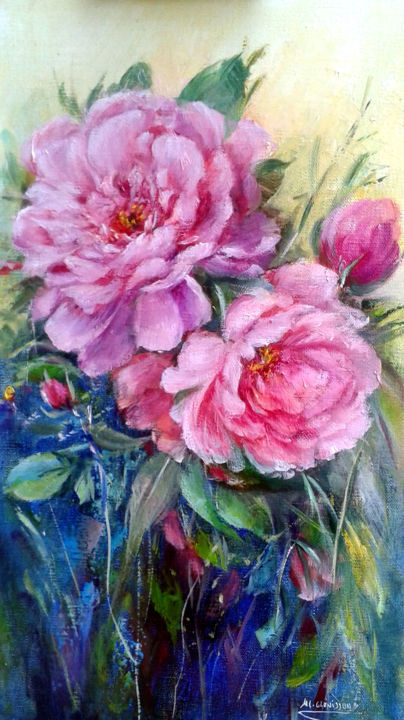 Peinture intitulée "Les roses de juillet" par Chrispaint-Flowers, Œuvre d'art originale, Huile