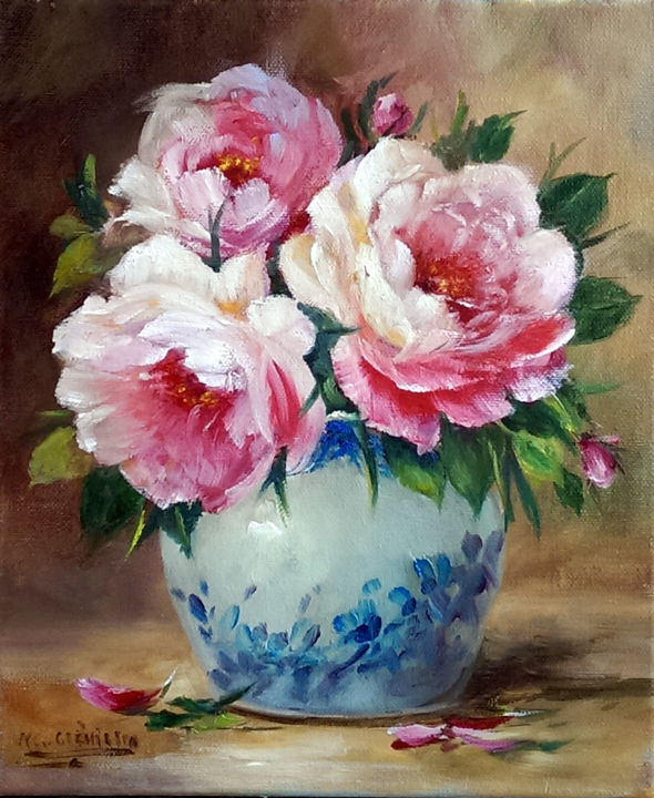 Pittura intitolato "Les roses au vase b…" da Chrispaint-Flowers, Opera d'arte originale, Olio