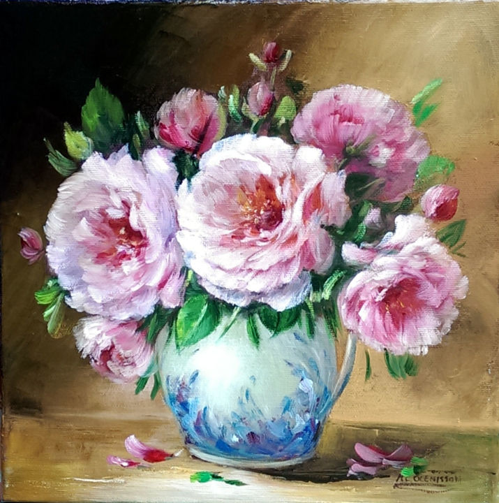 Pittura intitolato "Le pot de roses" da Chrispaint-Flowers, Opera d'arte originale, Olio