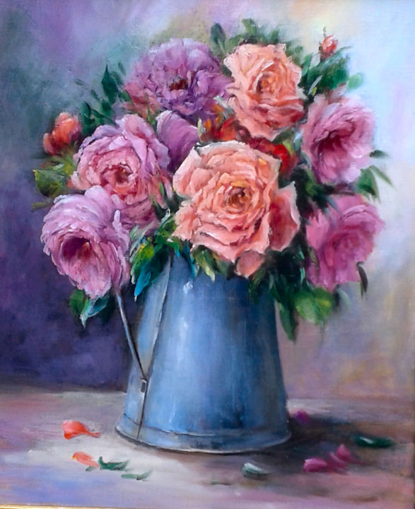 绘画 标题为“Le pot de roses du…” 由Chrispaint-Flowers, 原创艺术品