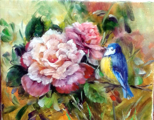 Painting titled "Roses et mésange" by Chrispaint-Flowers, Original Artwork