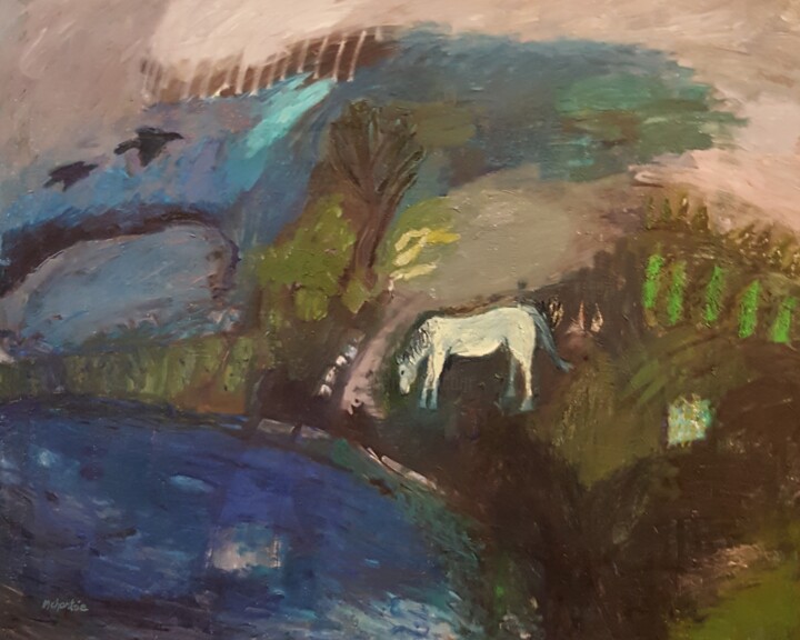 Painting titled "LE CHEVAL SOLITAIRE" by Mchartrie, Original Artwork, Oil Mounted on Wood Stretcher frame