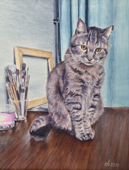 Painting titled "Васька" by Mikhail Sidorov, Original Artwork, Watercolor Mounted on artwork_cat.