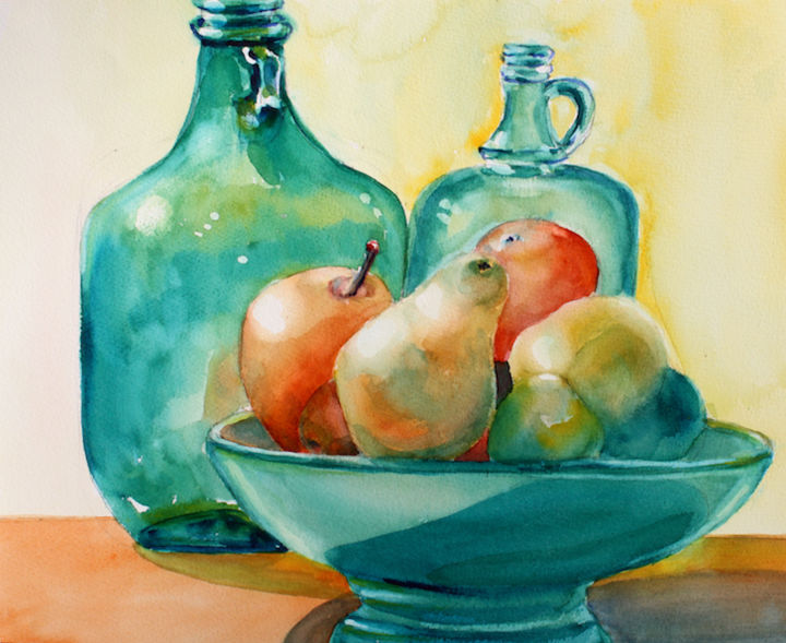 Painting titled "green-bottles-and-f…" by Agnes Mclaughlin, Original Artwork, Watercolor