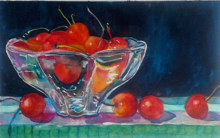 Painting titled "Cherries in crystal…" by Agnes Mclaughlin, Original Artwork, Watercolor