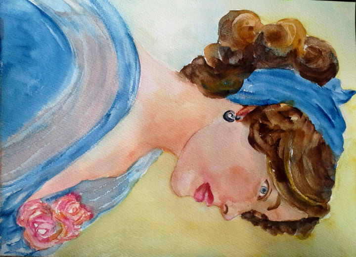 Painting titled "Lady in blue" by Agnes Mclaughlin, Original Artwork, Watercolor