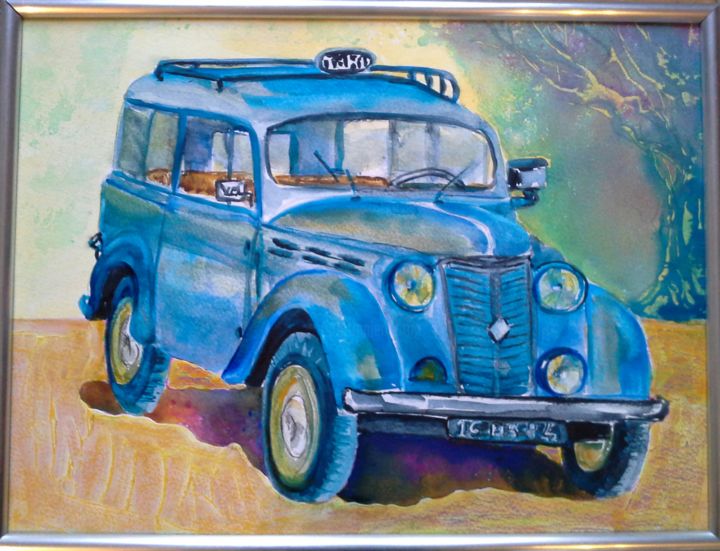 Painting titled "Vintage blue car" by Agnes Mclaughlin, Original Artwork