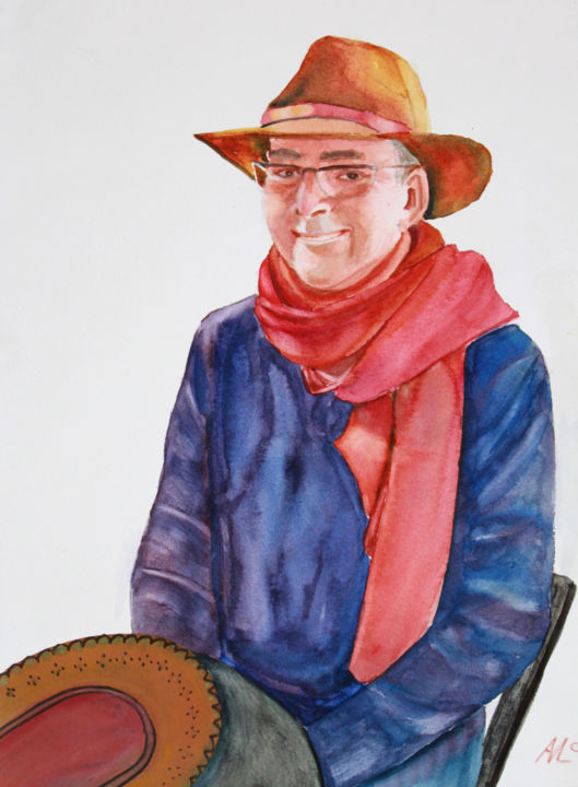 Malerei mit dem Titel "Man with a hat and…" von Agnes Mclaughlin, Original-Kunstwerk, Aquarell