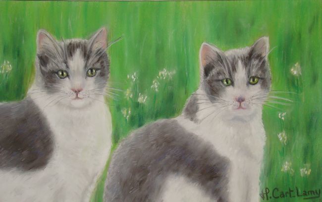 Painting titled "chats gris" by Martine Cart-Lamy, Original Artwork