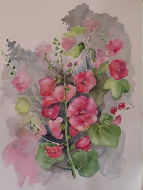 Painting titled "rose trémière" by Marie Claude Mauffrey, Original Artwork, Oil