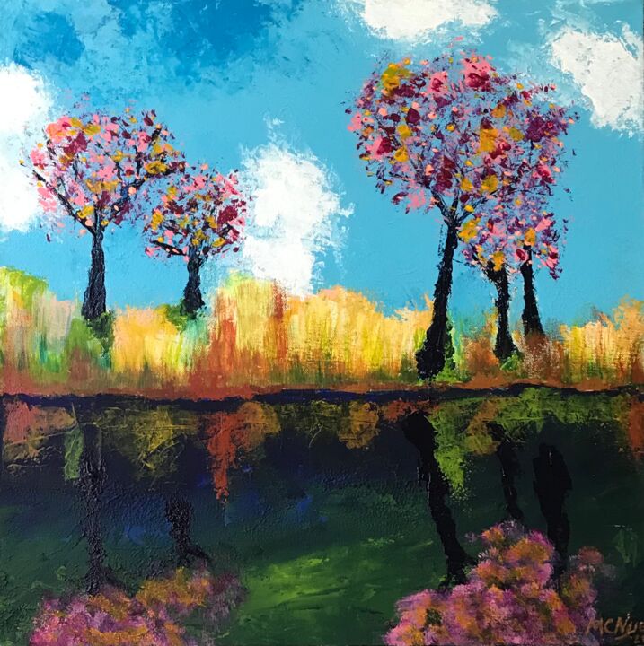 Painting titled "REFLECTING TREES" by Mitch Nye, Original Art, Acrylic