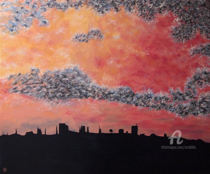 Painting titled "Atardecer de ensueño" by María Del Carmen Pérez, Original Artwork, Acrylic Mounted on Wood Stretcher frame