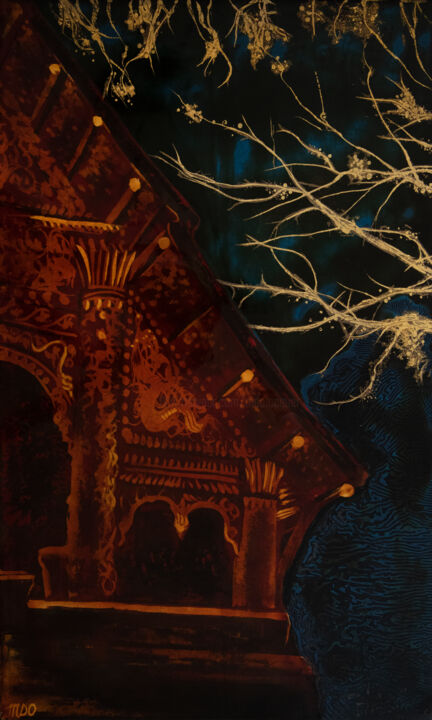 Painting titled "At night" by Marie-Dominique Boneu Hyman (MDO), Original Artwork, Lacquer