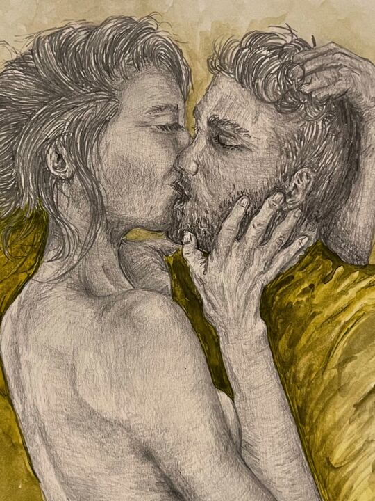 Dessin intitulée "“BÉSAME, DESPÉINAME”" par M.Domarco, Œuvre d'art originale, Crayon
