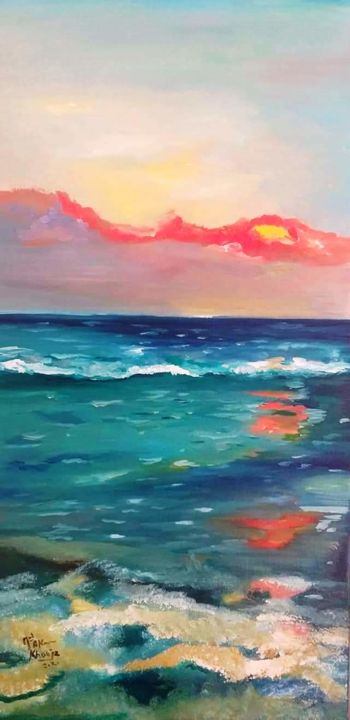 Painting titled "La mer" by Med Akram Khouja, Original Artwork, Oil