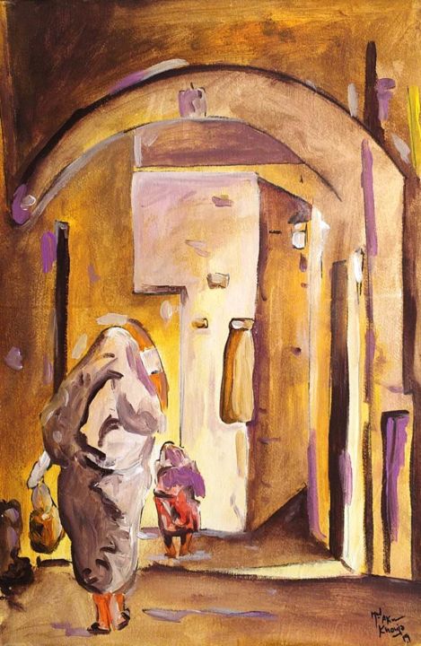 Painting titled "Medina Arabe" by Med Akram Khouja, Original Artwork, Acrylic