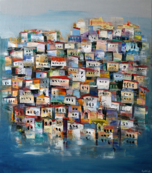 Painting titled "The town on the wat…" by Medea Kasradze, Original Artwork, Oil