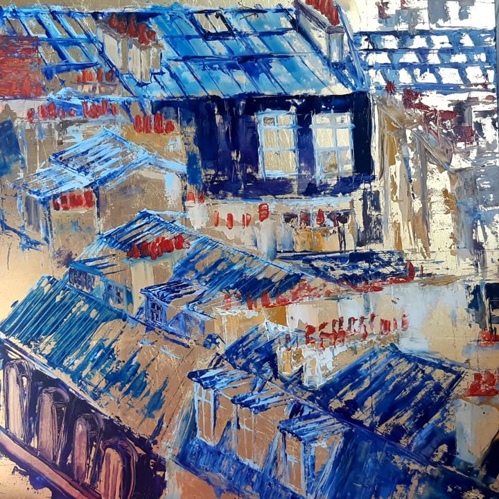 Peinture intitulée "série toits 3" par Mara, Œuvre d'art originale, Laque Monté sur Panneau de bois