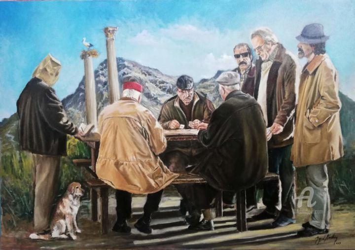 Painting titled "The Old Men and the…" by Megid Khedhiry, Original Artwork, Oil