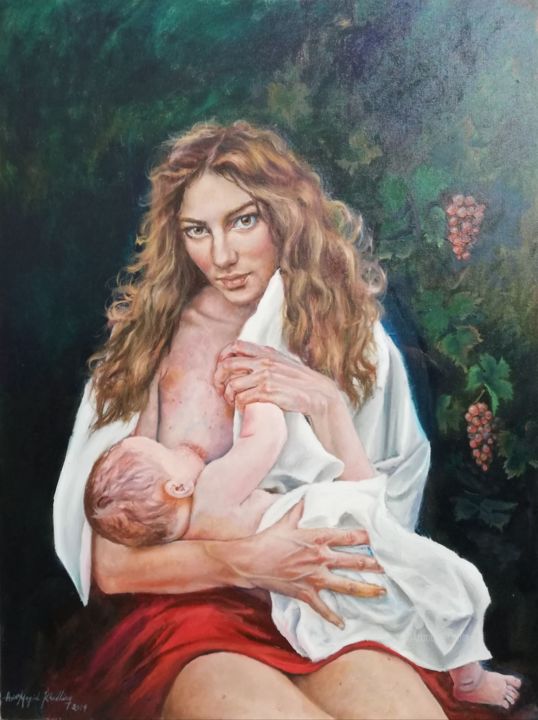 Painting titled "The Gift" by Megid Khedhiry, Original Artwork, Oil Mounted on Wood Stretcher frame