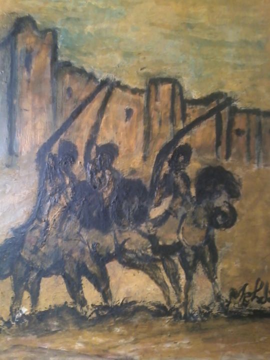 Schilderij getiteld "LES CAVALIERS FONTO…" door Mehdi Belabyad, Origineel Kunstwerk