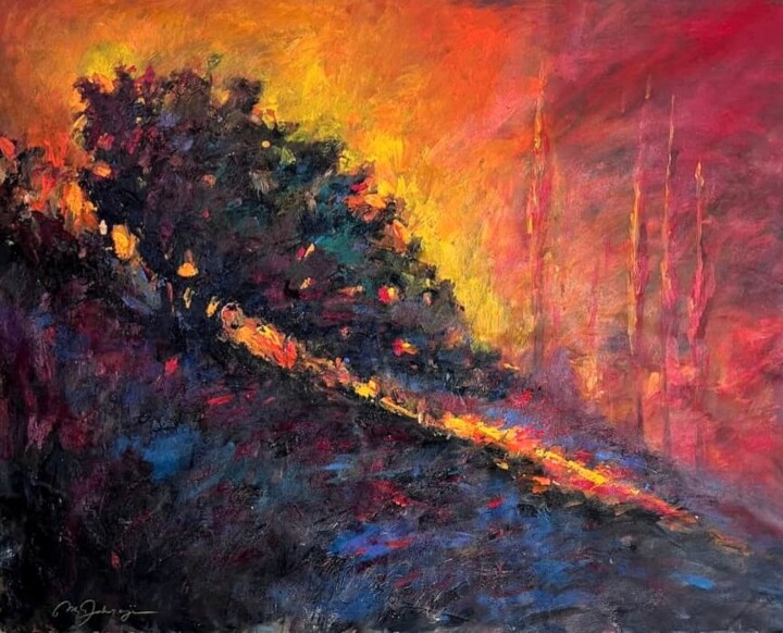 Painting titled "sunset on the hill" by Mehdi Fahraji, Original Artwork, Oil