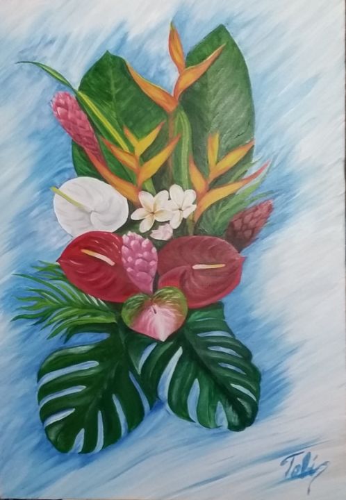 Schilderij getiteld "Bouquet exotique" door Mehdi Niro, Origineel Kunstwerk, Acryl Gemonteerd op Frame voor houten brancard