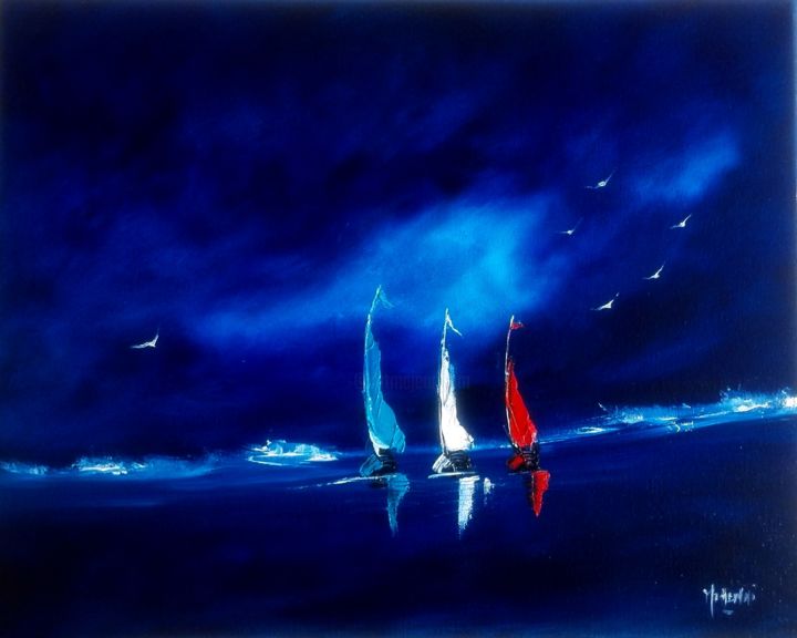 Painting titled "Les trois voiles" by Mehenni M, Original Artwork, Oil