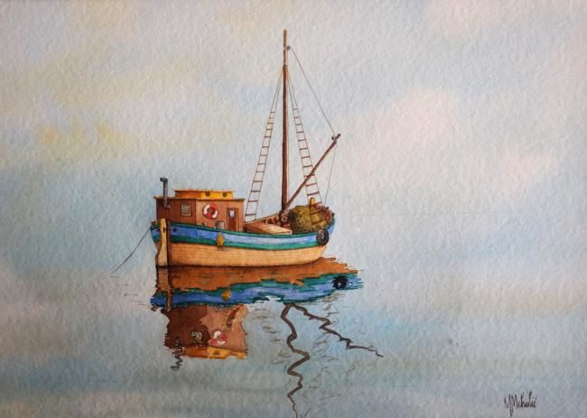 Pintura intitulada "Old boat" por Mirsad Mehulic, Obras de arte originais, Óleo