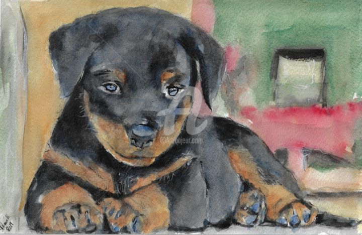 Painting titled "Puppy" by Melanie Kempkes, Original Artwork, Watercolor