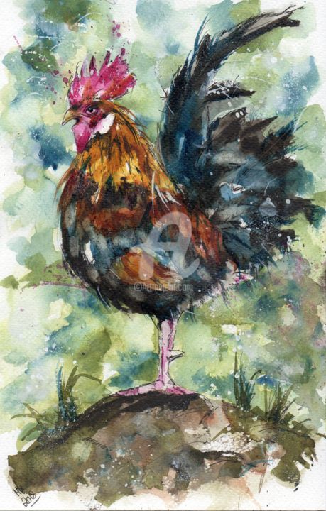 Painting titled "Rooster" by Melanie Kempkes, Original Artwork, Watercolor